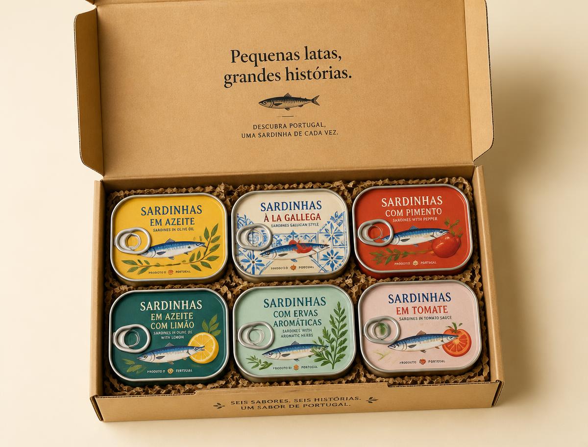 Portuguese sardine tins arranged in a box